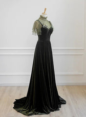 A-line Green Velvet Long Wedding Party Dress, High Neckline Prom Dress Evening Dress