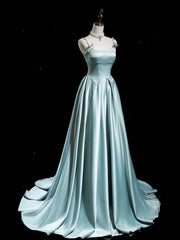 A-line Blue Satin Straps Long Prom Dress, Blue Satin Lace-up Formal Dress