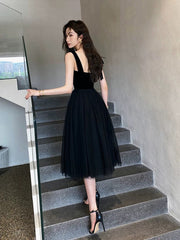 Black Tulle and Velvet Straps Knee Length Homecoming Dress, Black Short Prom Dress