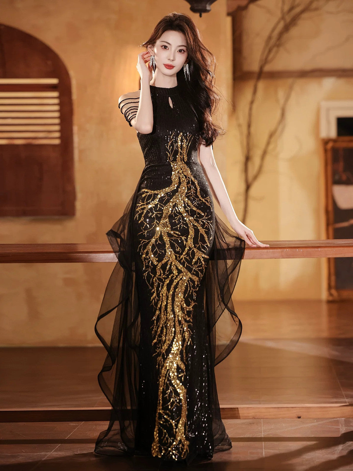 Black Sequins Halter Beaded Floor Length Party Dress, Black Sequins Long Prom Dress