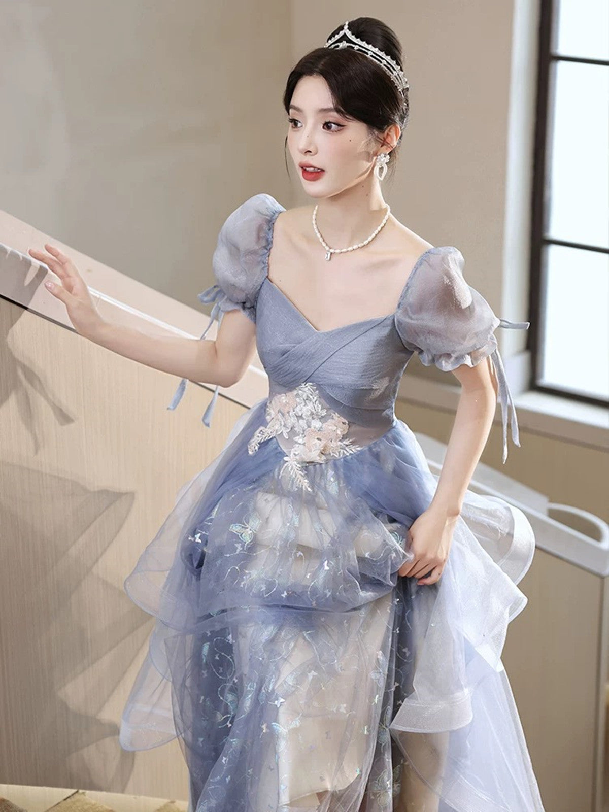A-Line Blue Tulle With Lace Applique  Formal Dress, Blue Tulle Short Sleeves Long Prom Dress