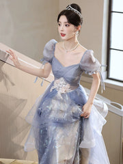 A-Line Blue Tulle With Lace Applique  Formal Dress, Blue Tulle Short Sleeves Long Prom Dress