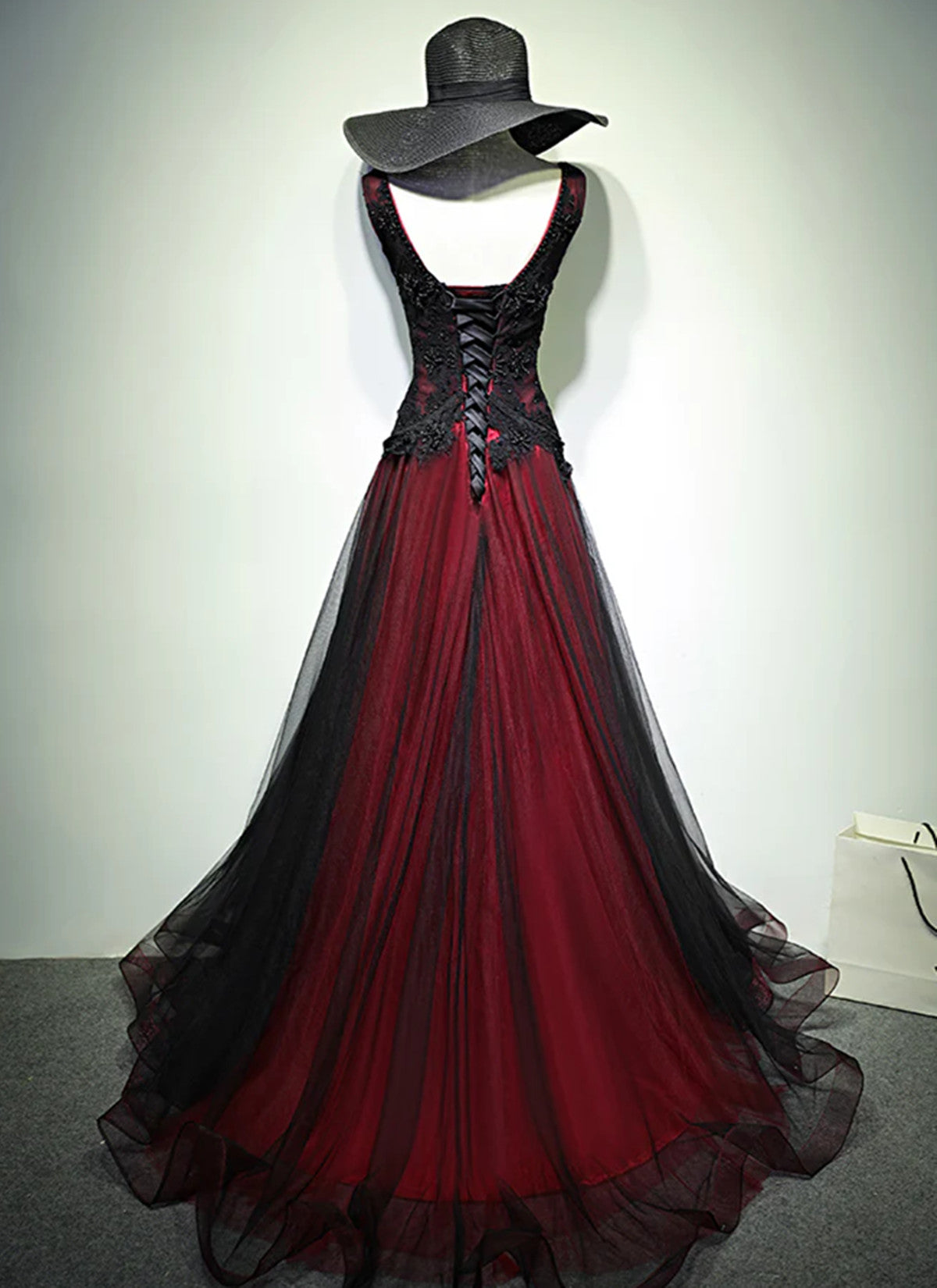 A-line Black and Red Tulle with Lace Applique Prom Dress, Black and Red Long Party Dress