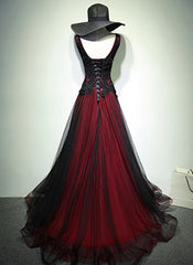 A-line Black and Red Tulle with Lace Applique Prom Dress, Black and Red Long Party Dress