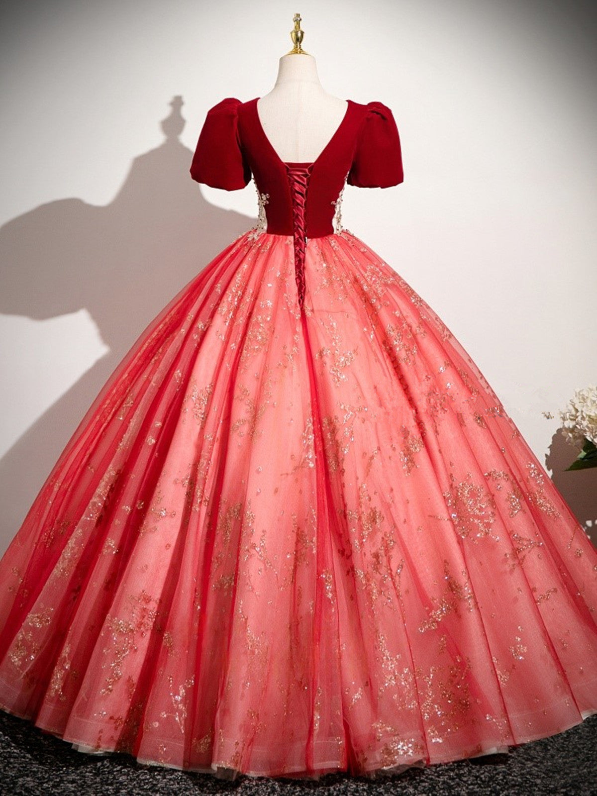 A-line Red Tulle and Velvet Short Sleeves Prom Dress, Tulle Long V-neckline Party Dress