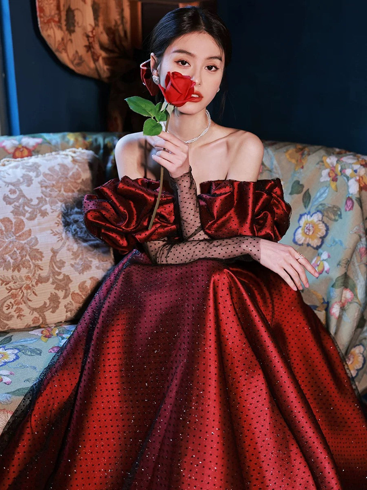 A-line Off Shoulder Sweetheart Black and Red Long Prom Dress, Tulle Floor Length Evening Dress