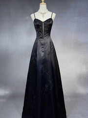 Black Satin Spaghetti Strap Maxi Dress, Sleeveless Black Satin Prom Dress with Embroidery