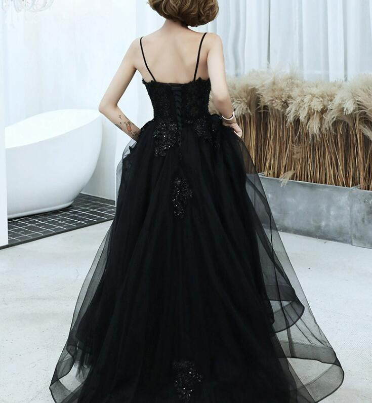 Black V-neckline Tulle with Lace Applique Long Prom Dress, Black Evening Dress