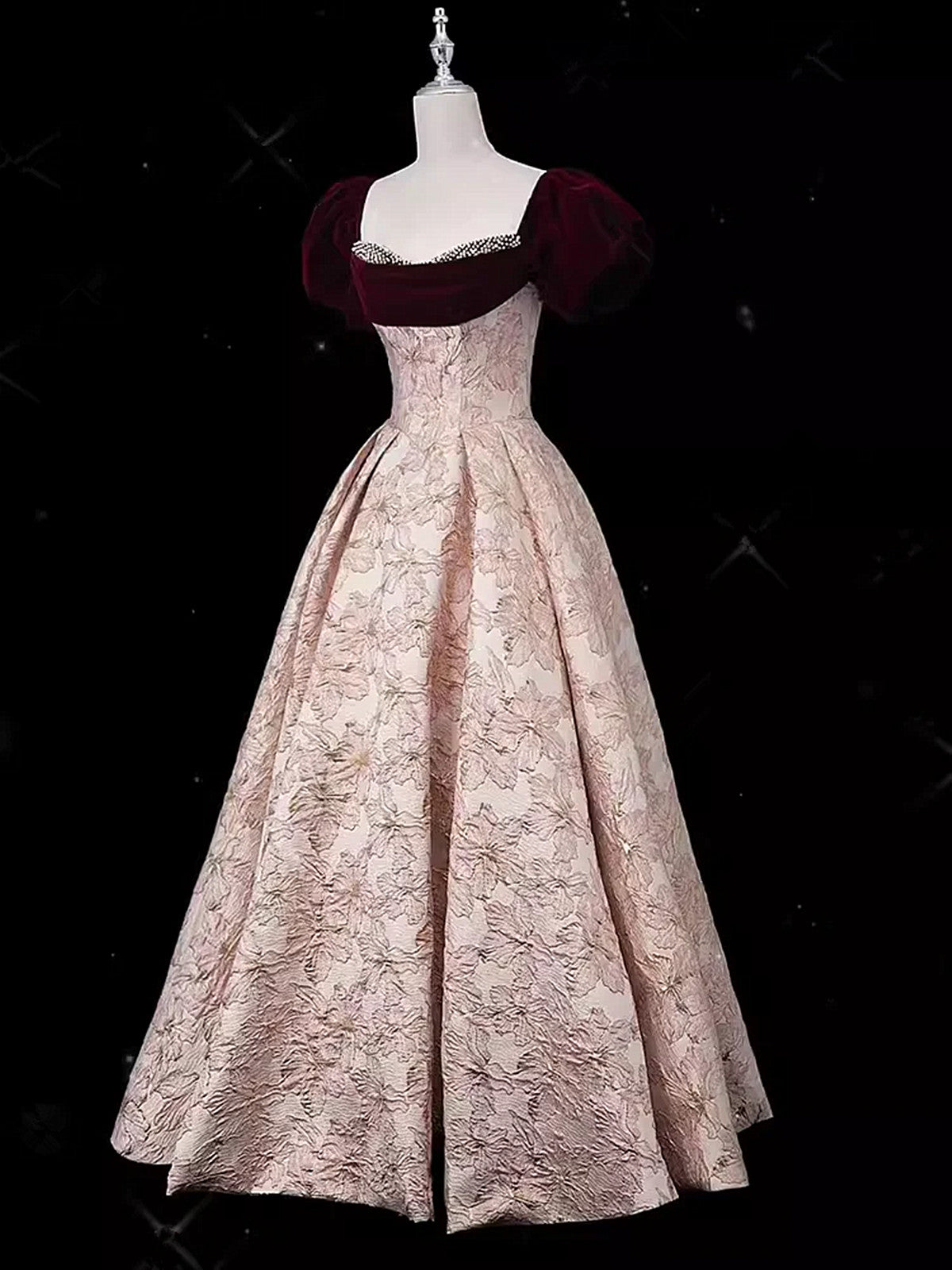 A-line Pink Floral Beaded Short Sleeves Prom Dress, Pink Floor Length Evening Dress