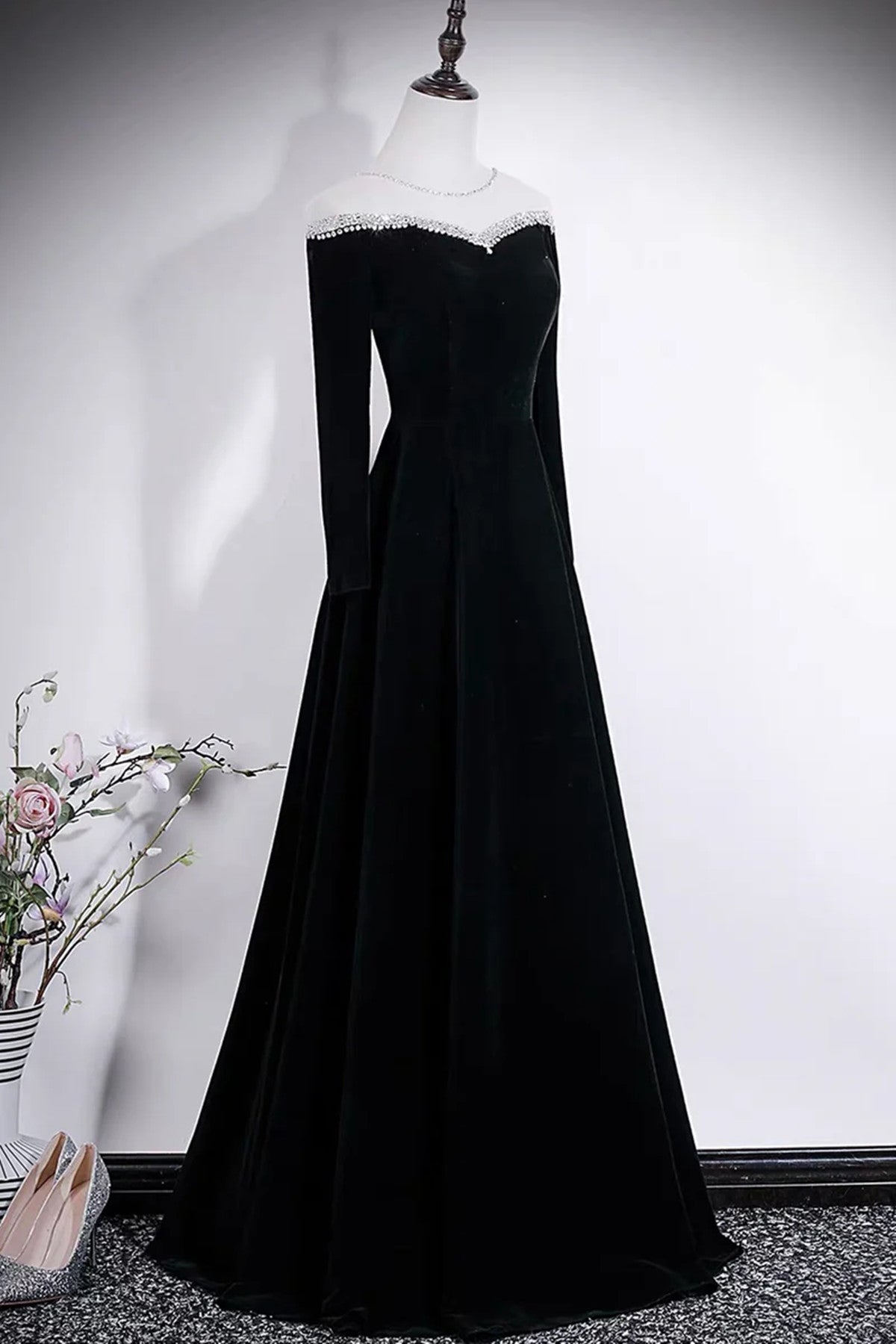 A-line Black Velvet Long Sleeves Beaded Prom Dress, Black Round Neckline Party Dress
