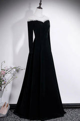 A-line Black Velvet Long Sleeves Beaded Prom Dress, Black Round Neckline Party Dress
