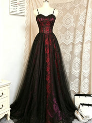 A-line Black and Red Floral Satin with Tulle Party Dress, Sweetheart Gothic Long Prom Dress