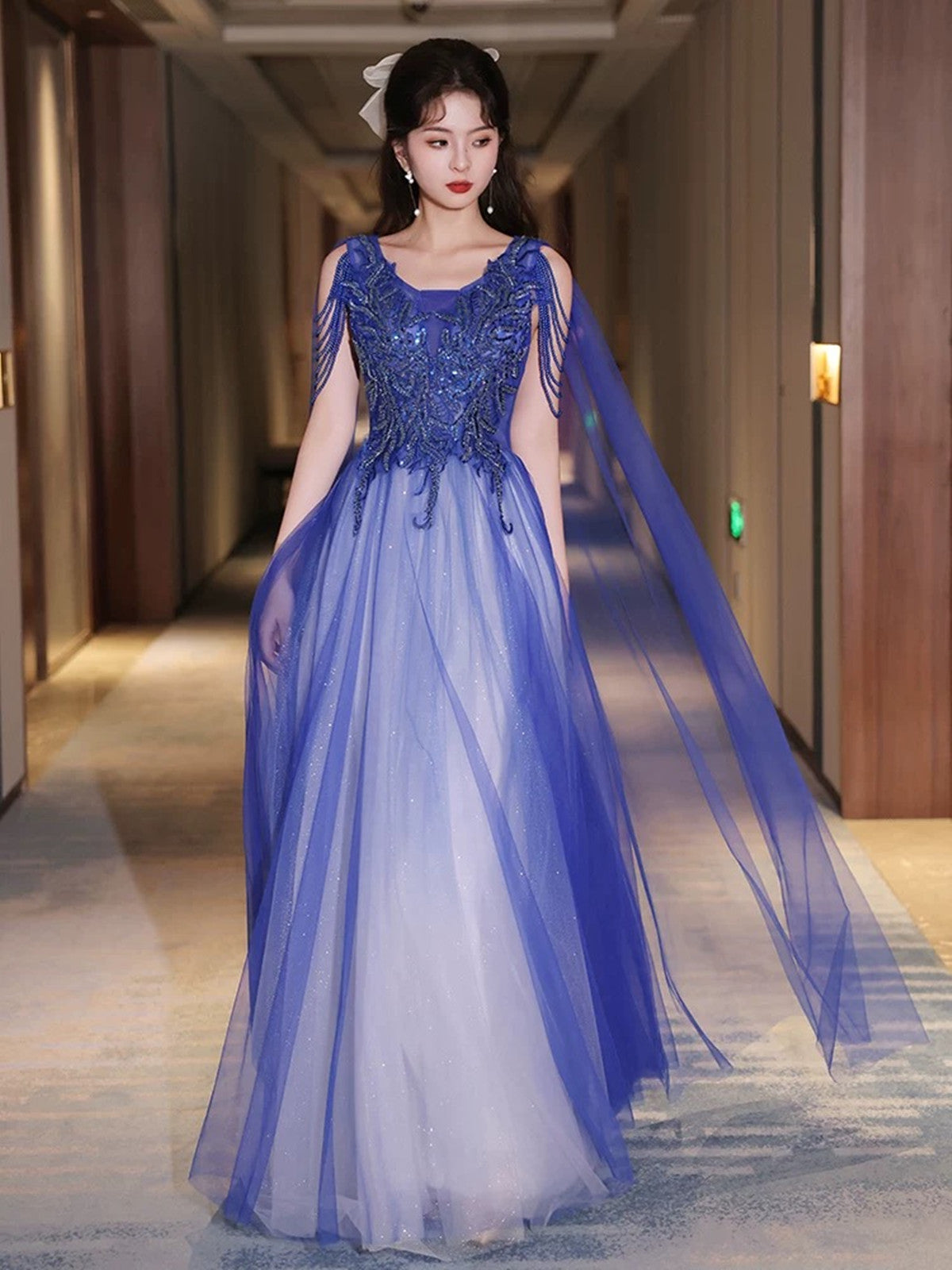 Blue and White V-neckline Floor Length Tulle Party Dress, A-line Long Formal Dress Prom Dress