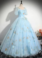 Beautiful Blue Tulle Short Sleeves Sweet 16 Dress with Bow, Blue Formal Gown