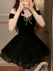 Black Velvet Short Party Dress Homecoming Dress, Black Velvet Off Shoulder Prom Dress
