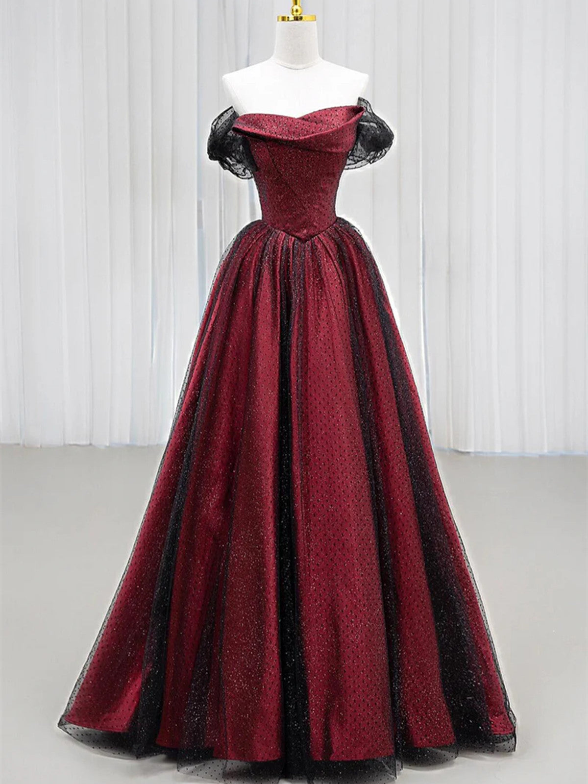Black and Red Off Shoulder A-line Party Dress, Simple Style Prom Dress Evening Dress