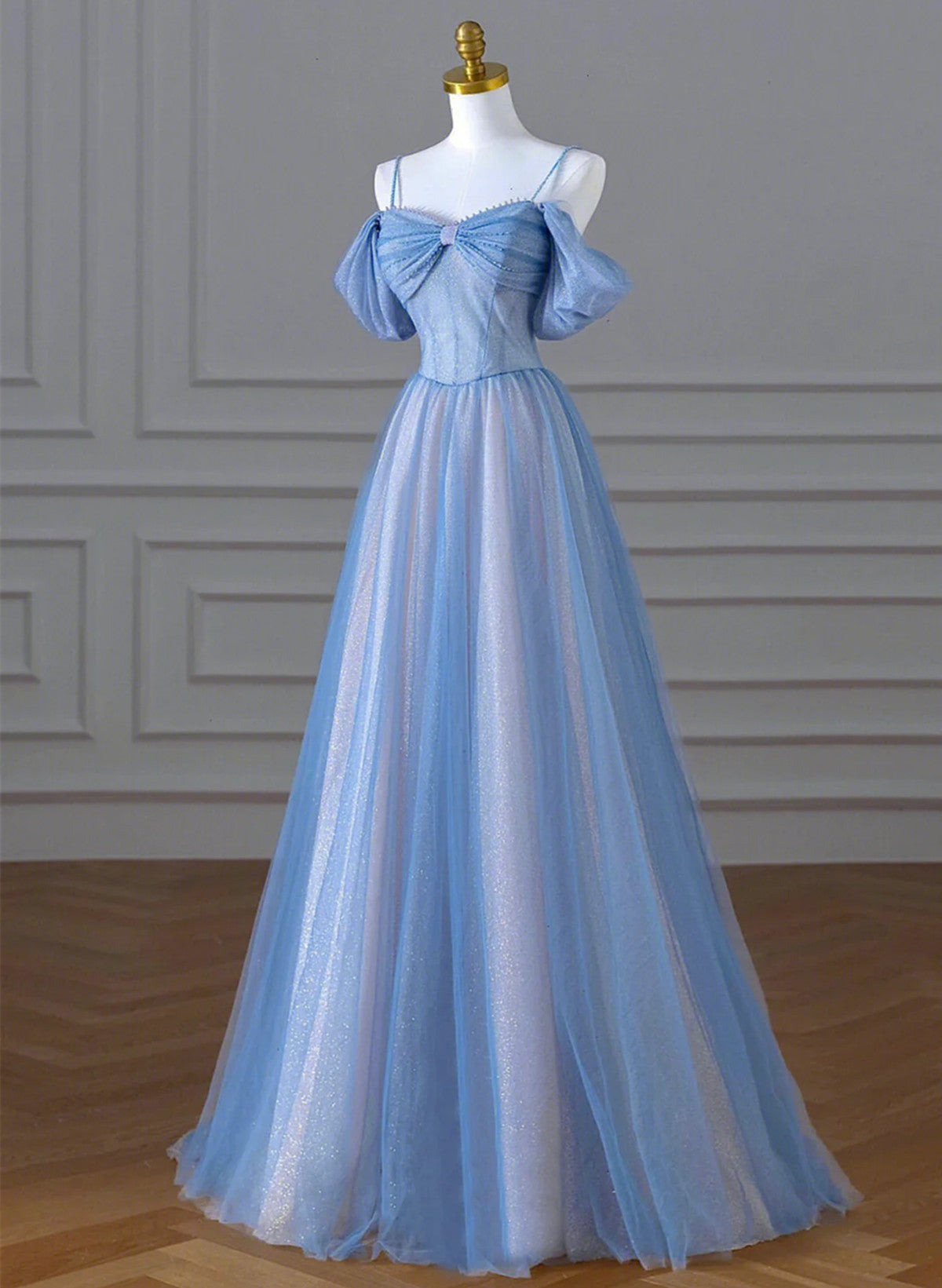 A-line Blue and Pink Beaded Tulle Long Party Dress, Blue Prom Dress