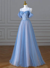 A-line Blue and Pink Beaded Tulle Long Party Dress, Blue Prom Dress