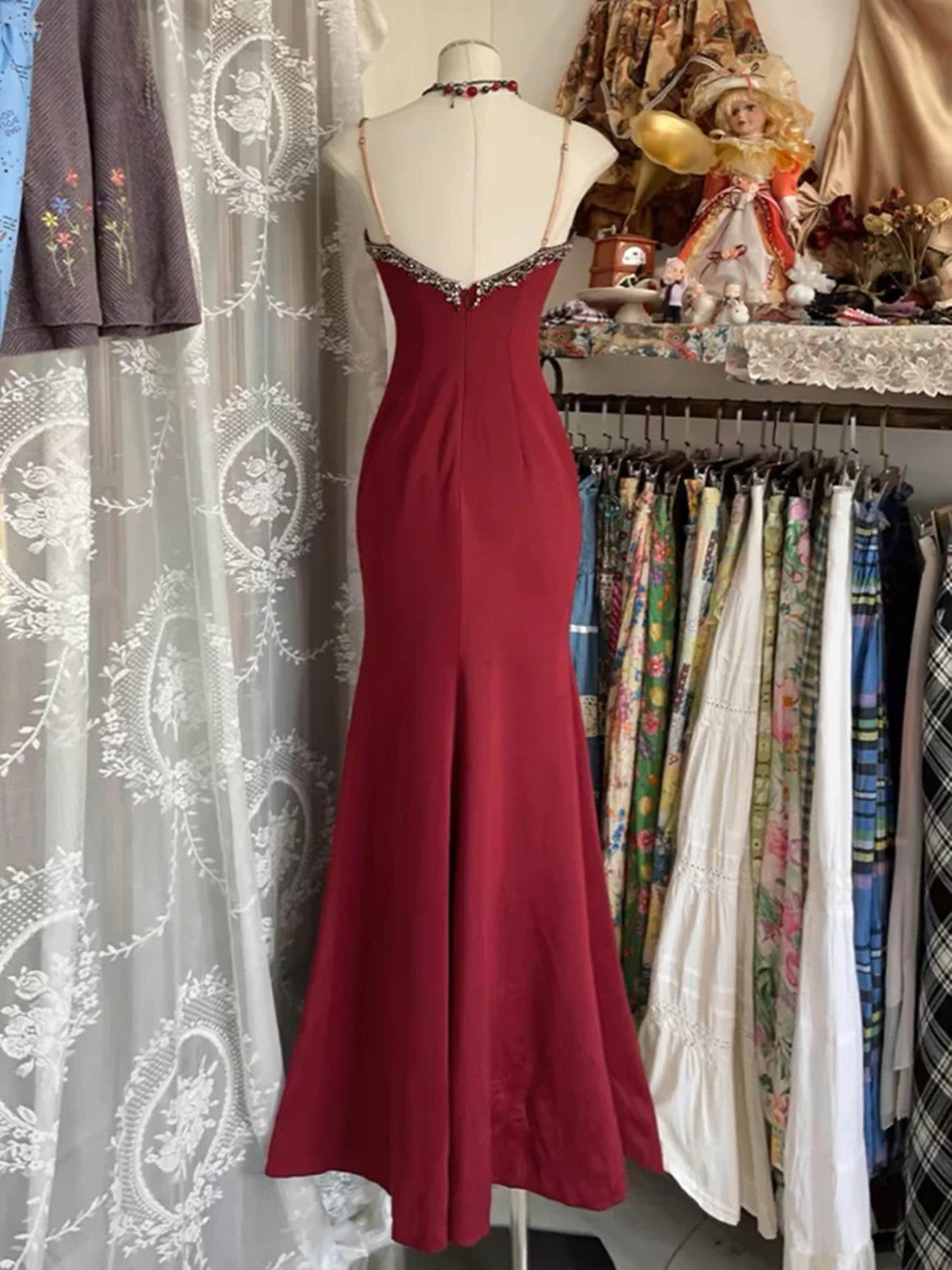 Beautiful Mermaid Straps Lace and Spandex Long Formal Dress, V-neckline Long Prom Dress