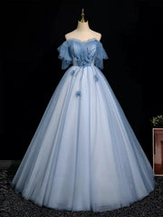 Blue A-Line Tulle Off Shoulder Beaded Sweetheart Party Dress,  Long Blue Prom Dress