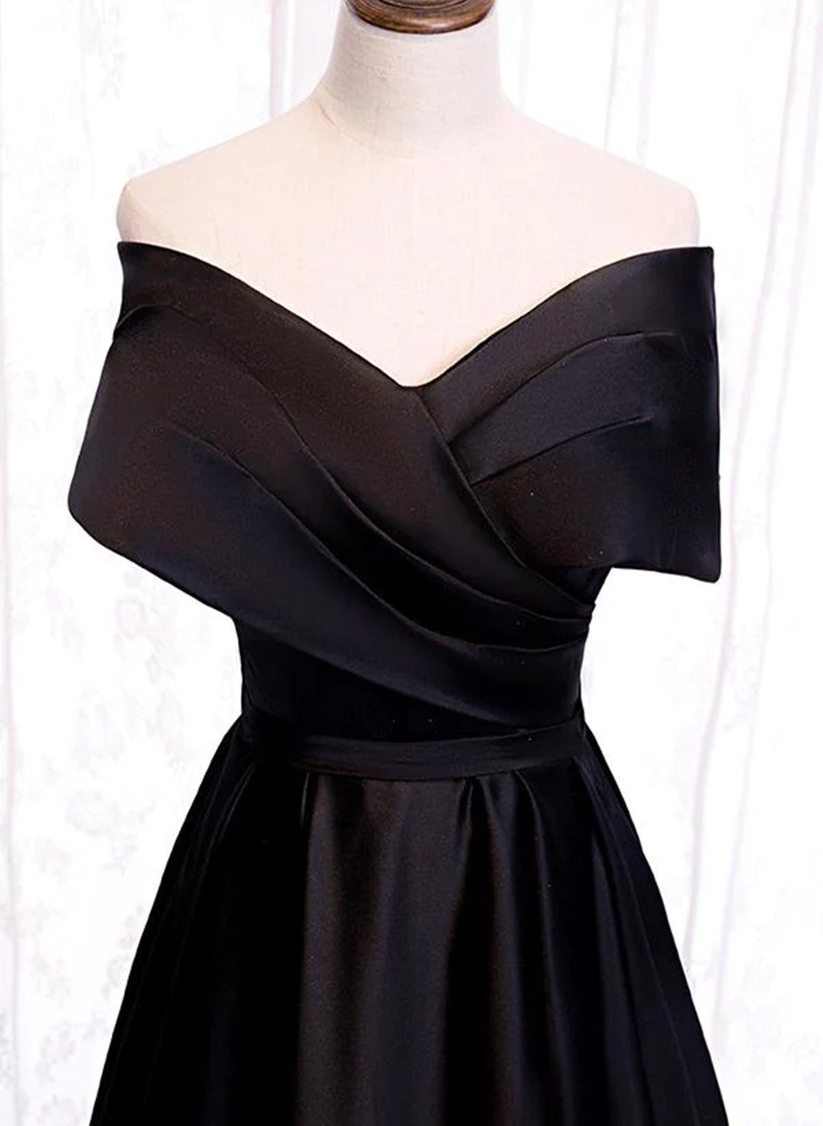 Black Satin Sweetheart Off Shoulder Party Dress, Black A-line Long Formal Dress