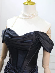Black Mermaid Satin Off Shoulder Lace-up Prom Dress, Black Satin Long Evening Dress