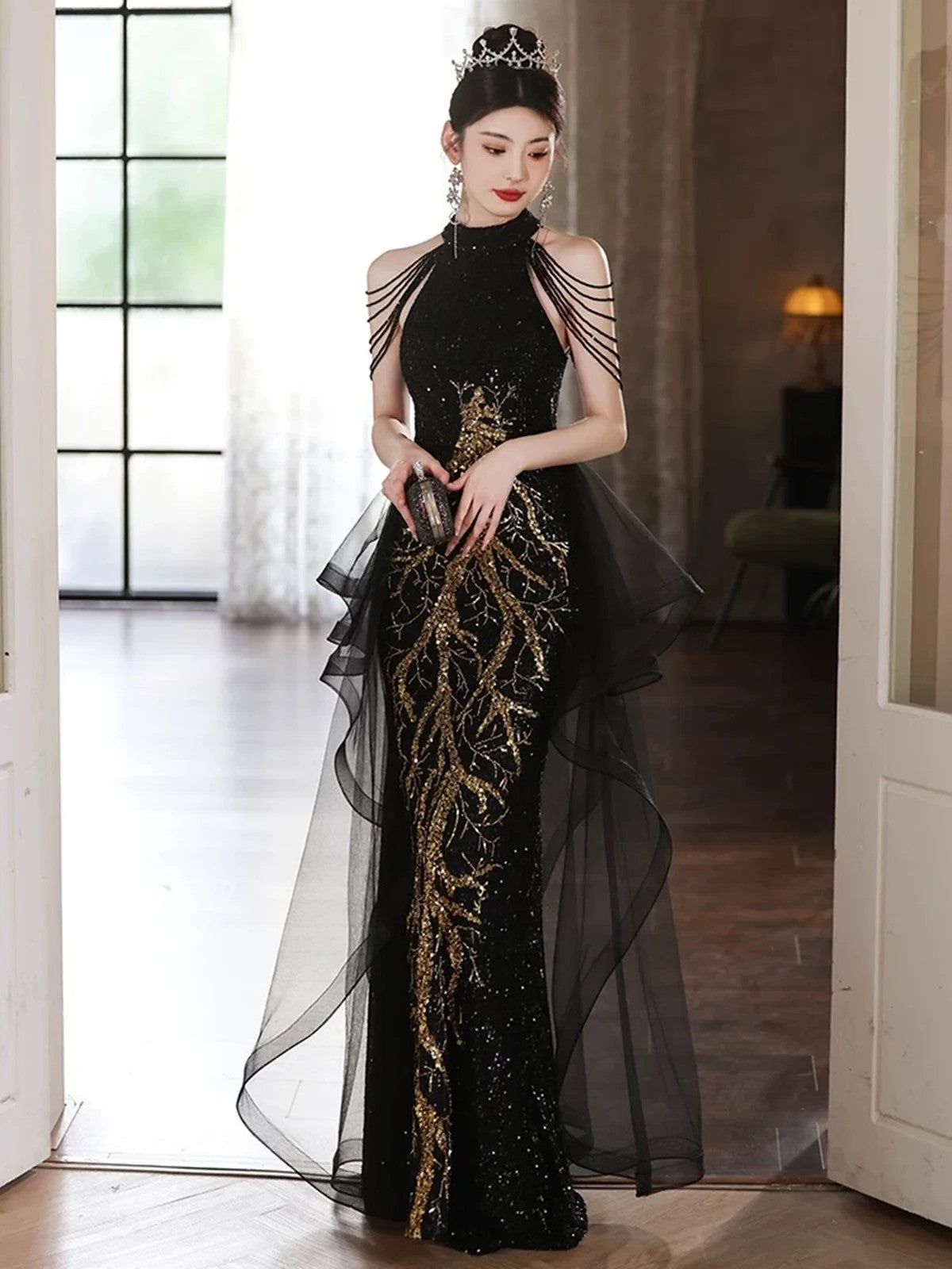 Black Sequines High Neck Formal Evening Gown with Tulle, Tiered Ruffle Tulle Black Prom Dress