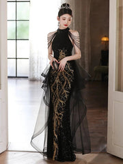 Black Sequines High Neck Formal Evening Gown with Tulle, Tiered Ruffle Tulle Black Prom Dress