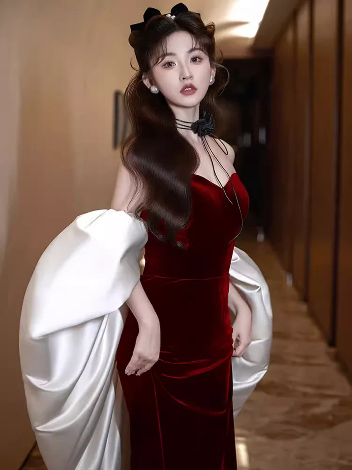 Beautiful Velvet Mermaid Strapless Long Formal Gown, Velvet Floor Length Prom Dress