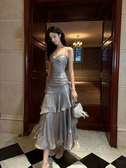 Beautiful Sliver Grey Sweetheart Mermaid Party Dress, Satin Prom Dress Evening Dress