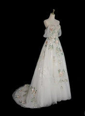 A-line Tulle with Flower Lace White Wedding Party Dress, White Tulle Evening Dress Prom Dress