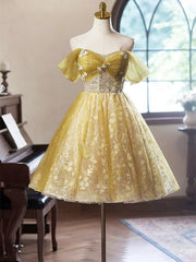 A-line  Floral Tulle Knee Length Prom Dress, Sweetheart Off Shoulder Homecoming Dress