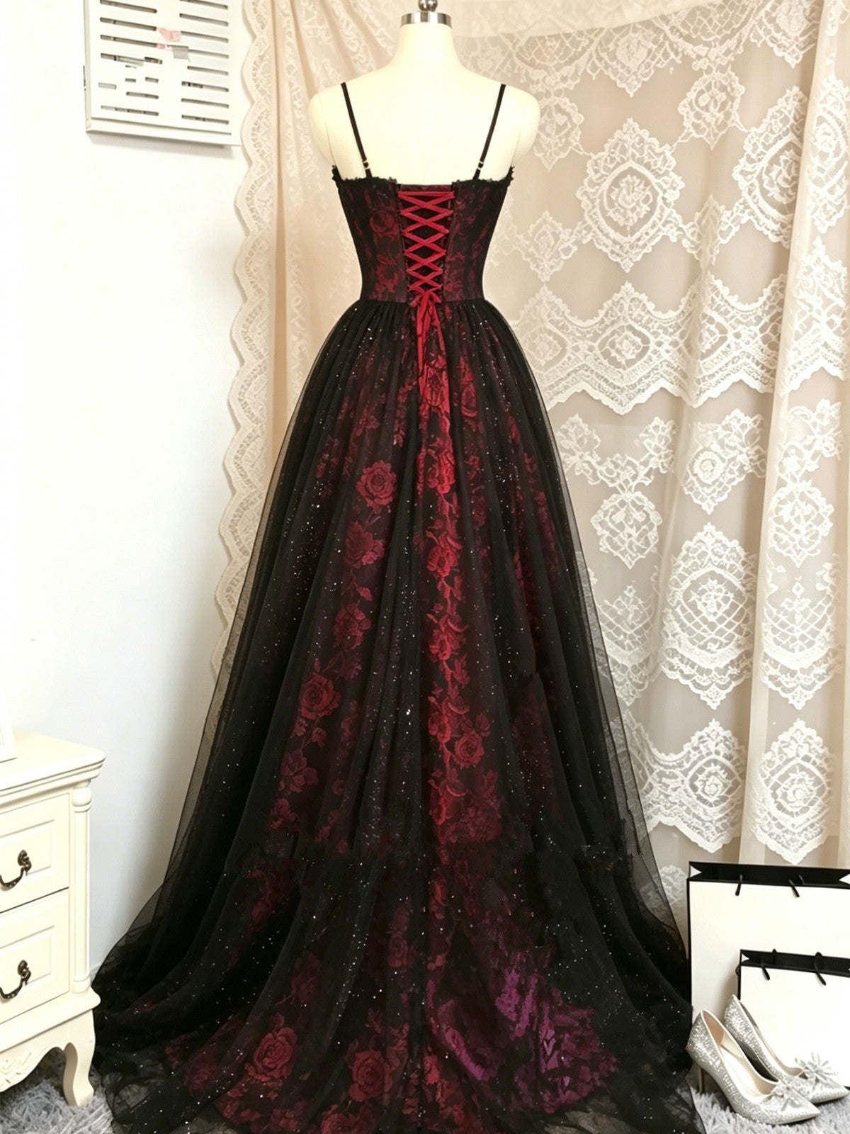 A-line Black and Red Floral Satin with Tulle Party Dress, Sweetheart Gothic Long Prom Dress