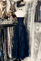 A-line Navy Blue Organza Layers Strapless Prom Dress with Lace, Navy Blue Floor Length Formal Gown