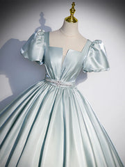 A-line Green Satin Short Sleeves Prom Dress Party Dress, Light Green Beaded Prom Dress