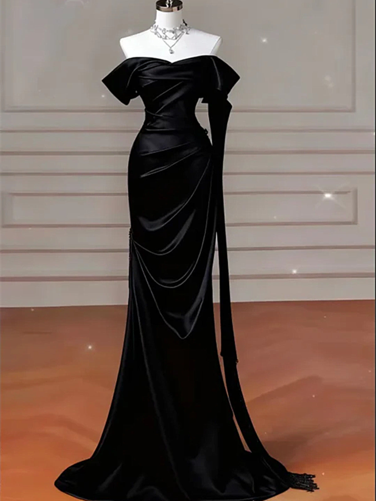 Black Satin Off Shoulder Sweetheart Long Formal Dress, Black Satin Long Evening Dress