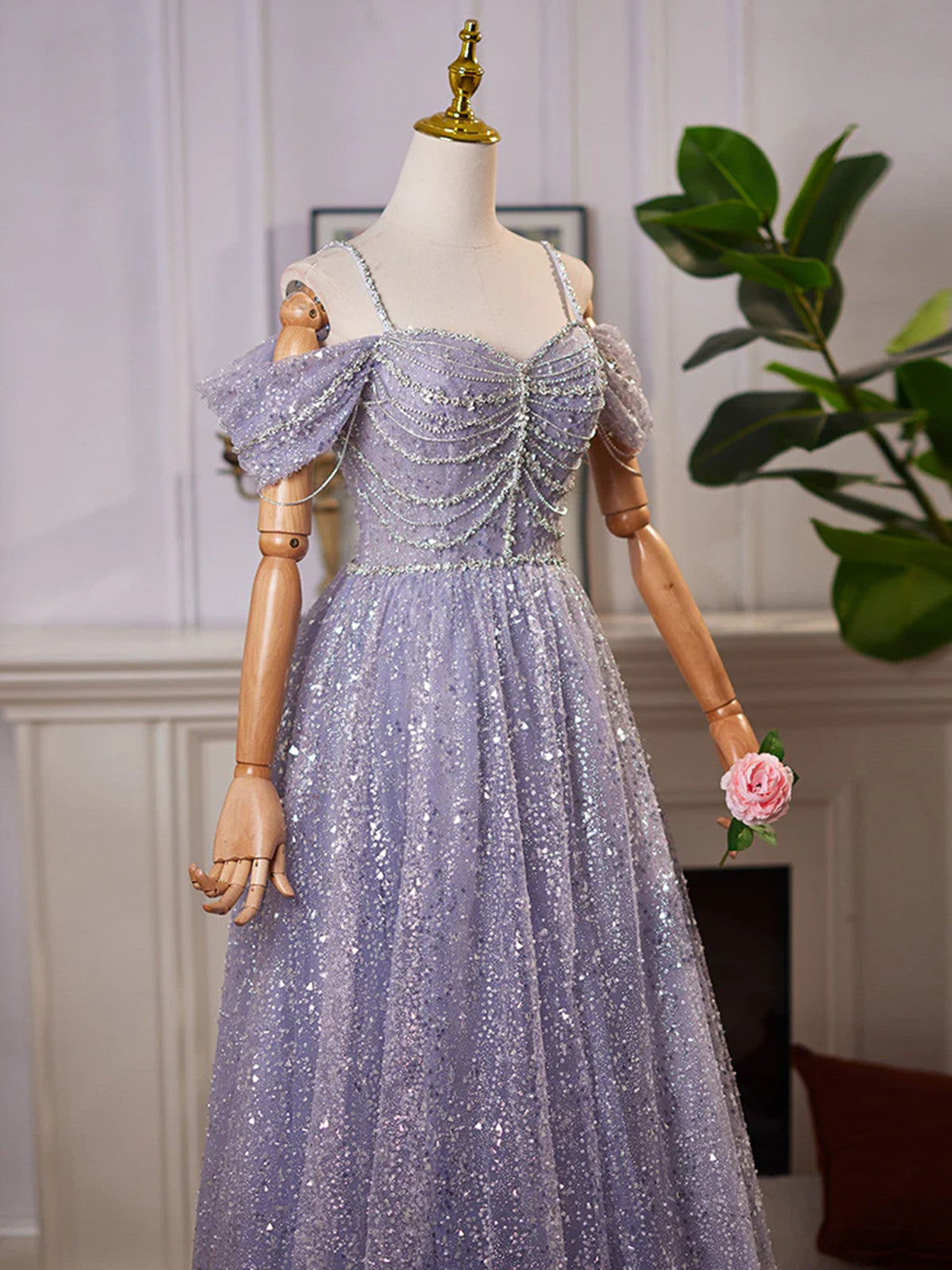 A-line Sliver Grey Beaded Shiny Tulle Long Formal Dress, Sweetheart Tulle Prom Dress
