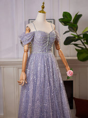 A-line Sliver Grey Beaded Shiny Tulle Long Formal Dress, Sweetheart Tulle Prom Dress