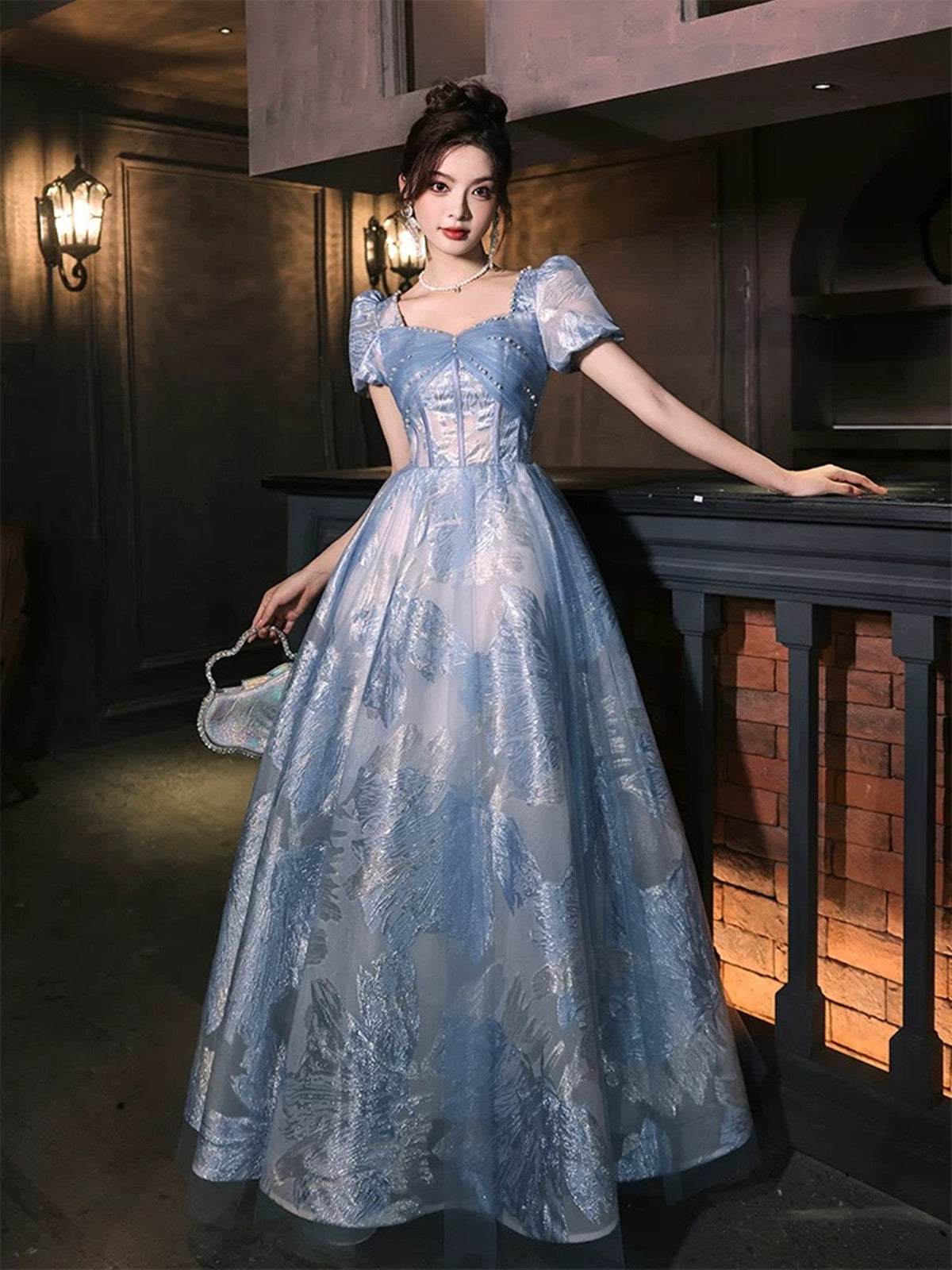 Blue A-line Short Sleeves Party Dress Prom Dress, Blue Floral Evening Dress