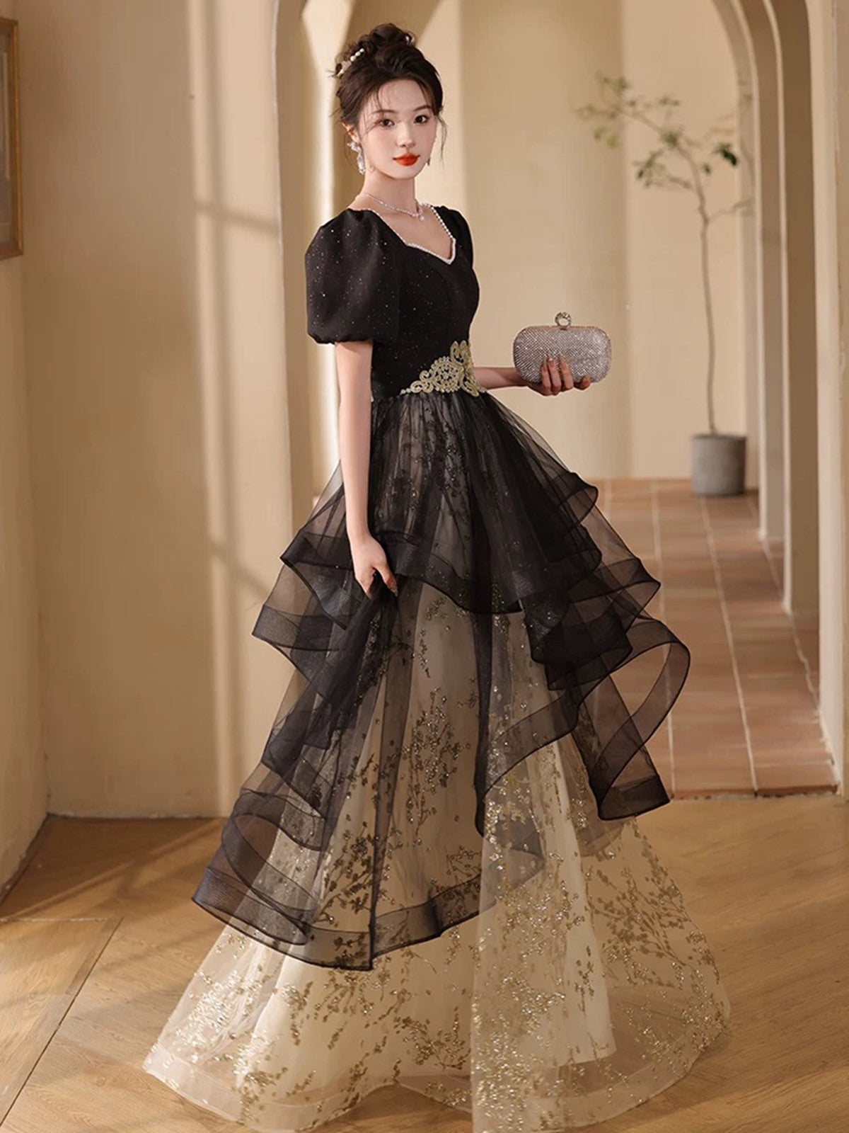 Black A-line Short Sleeves Tulle Long Party Dress, Black Prom Dress Evening Dress