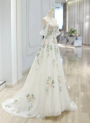 A-line Ivory Tulle with Flower Lace Wedding Party Dress, Ivory Formal Dress