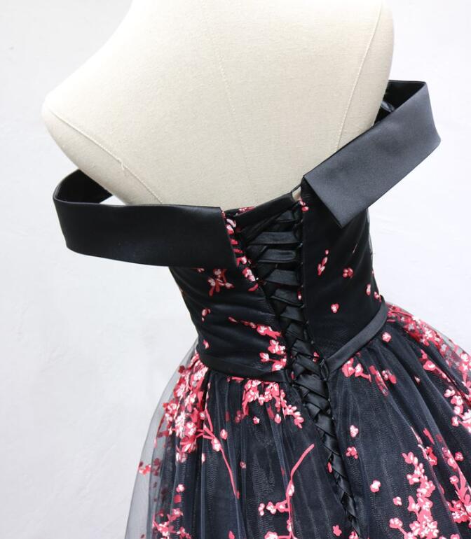 Beautiful Black Long Floral Lace Party Dress, Off Shoulder Prom Dress