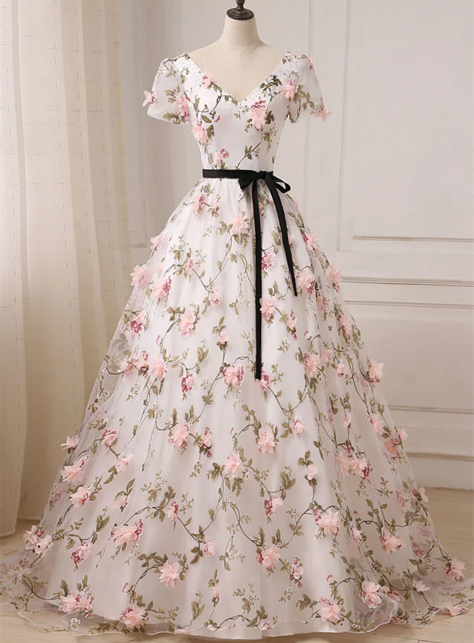 Beautiful Ivory Lace Long Wedding Party Dress, Short Sleeves Formal Dress