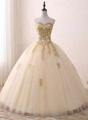 Beautiful Light Champagne Ball Gown Party Dress, Sweet 16 dress with Gold Applique