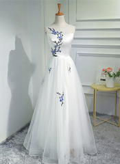 Beautiful White Tulle Long A-line Prom Dress, White Graduation Dress