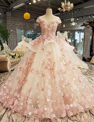 Beautiful Pink Tulle with Flowers and Beaded Long Party Dress, Pink Sweet 16 Gown