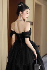 Black Off Shoulder Sweetheart Velvet and Tulle Prom Dress, Black Sweet 16 Dress