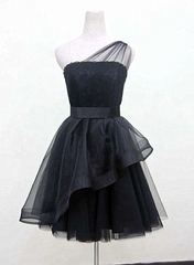 Black One Shoulder Tulle Short Formal Dress, Black Homecoming Dress