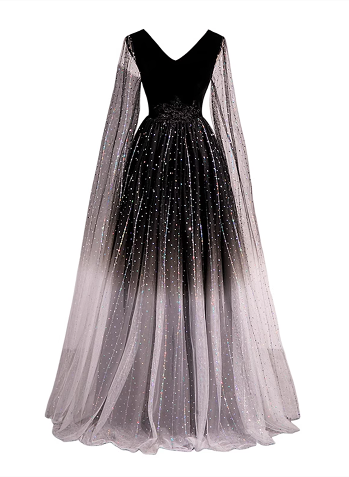 Black Shiny Tulle Gradient Tulle V-neckline Party Dress, Black Tulle Prom Dress