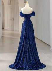 A-line Blue Sequins Off Shoulder Prom Dress, Blue Sequins Evening Dress